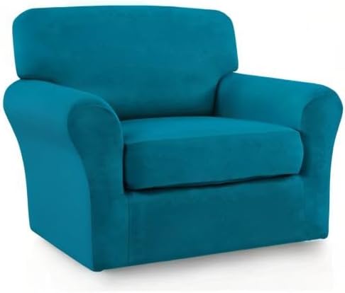 Easy-Going 2 Pieces Fleece Stretch Chair Sofa Slipcover Washable Sofa Couch Cover, Spandex Soft Fitted Furniture Protector, Kids, Pet, Dog (Chair, Peacock Blue)