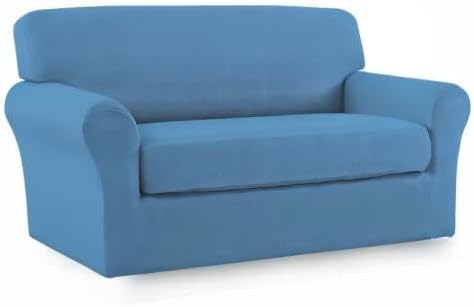 Easy-Going 2 Pieces Microfiber Stretch Sofa Slipcover – Spandex Soft Fitted Sofa Couch Cover, Washable Furniture Protector with Elastic Bottom Kids, Pet (Loveseat, Light Blue)