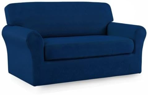 Easy-Going 2 Pieces Microfiber Stretch Sofa Slipcover – Spandex Soft Fitted Sofa Couch Cover, Washable Furniture Protector with Elastic Bottom Kids, Pet (Loveseat, Navy