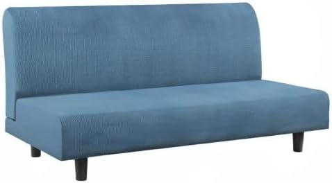 Flamingo P Stretch Armless Futon Covers Full Queen Futon Couch Covers Slipcover Futon Sofa Cover Futon Bed Cover Furniture Protector Covers with Elastic Bottom, Checked Pattern Jacquard, Dusty Blue