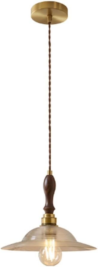 French Clear Disc Glass Hanging Lamp Vintage Wood Decorate Hanging Light 7.9in Golden Metal Base Hanging Lights with E26/E27 Base for Kitchen Home Island Bedroom