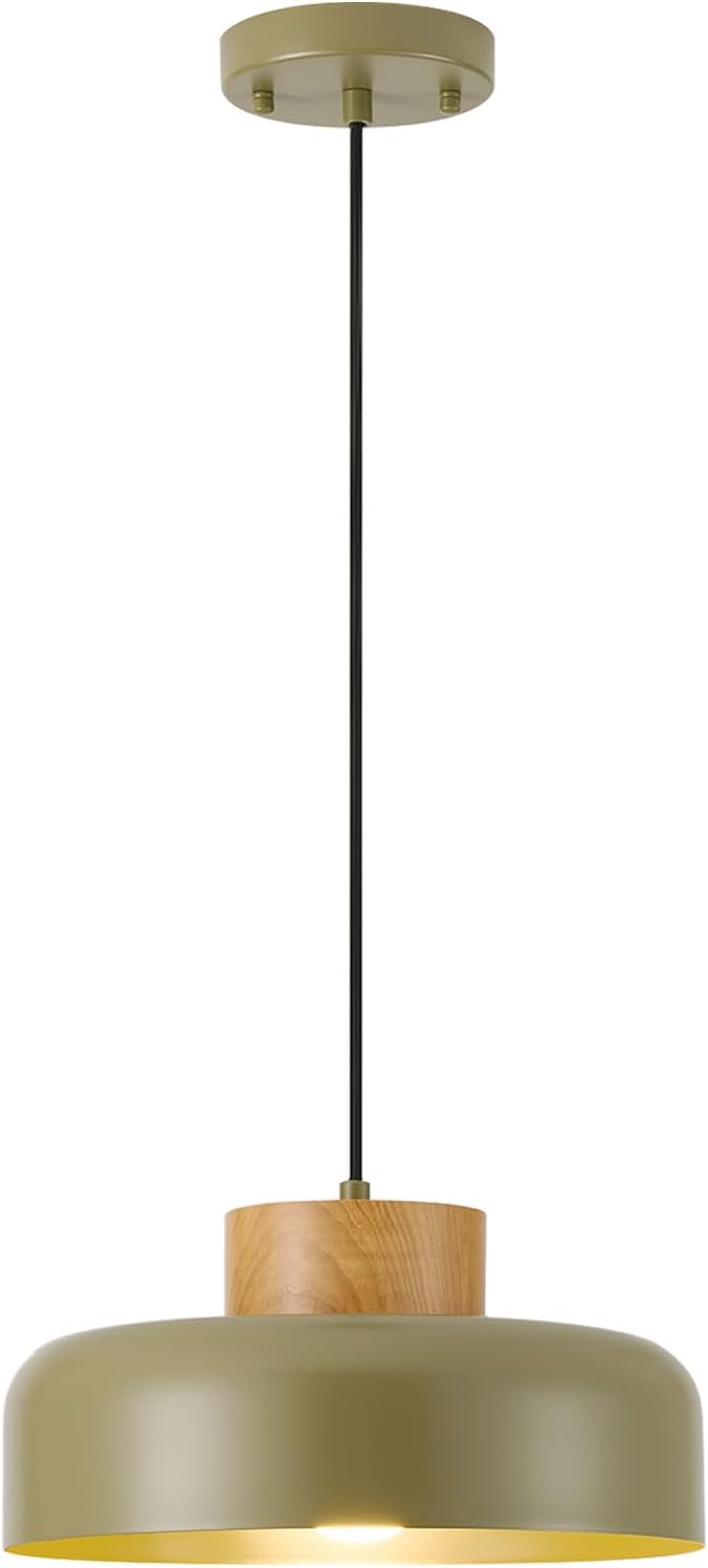 Modern Pendant Lights,12.6 inch,Naturl Wood,Adjustable Simple Pendant Lighting for Kitchen, Dining Room, Olive Green