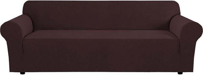 H.VERSAILTEX Stretch Couch Covers for Sofa 1 Piece Slipcovers for Couches and Sofas 3 Seater Couch Cover Feature Thick Checked Jacquard Fabric with Elastic Bottom(Large Sofa 90"-100" Wide, Chocolate)