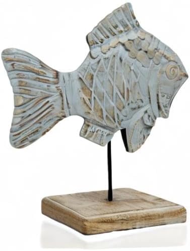 Farmhouse World Wooden Fish Sculpture Home Decor | Handmade Fish Statue on Base Stand Sea Nautical Beach House Decor Art Piece | Rustic Centerpiece Table Decor for Office, Living Room (Damsel Fish)