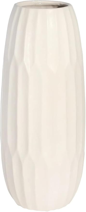 Oblong Decorative Vase with Textured Finish – Ceramic Decorative Vases for Home Decor – Modern Centerpiece Flower Vases for Living Room, Bedroom & Office – 14", White