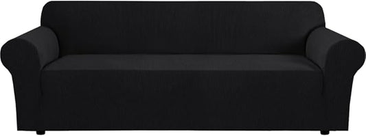 H.VERSAILTEX Stretch Couch Covers for Sofa 1 Piece Slipcovers for Couches and Sofas 3 Seater Couch Cover Feature Thick Checked Jacquard Fabric with Elastic Bottom(Large Sofa 90"-100" Wide, Black)