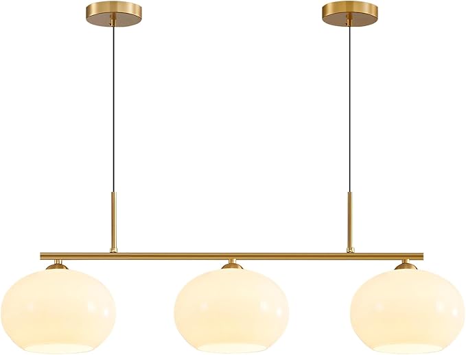 KCO Lighting 3 Light Linear Pendant Lighting Milk Glass Flush Mount Ceiling Light Brass Gold Chandelier Light Fixture Modern Globe Linear Chandelier Dining Room Dining Room Over Table