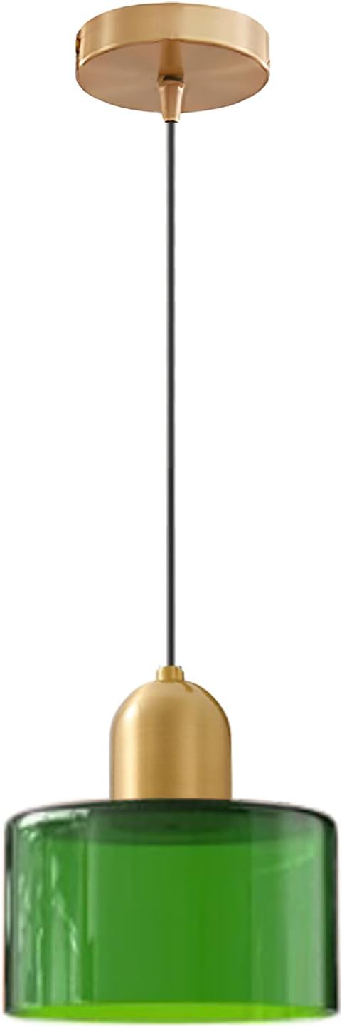 Modern Glass Pendant Light, E26 Hanging Light Fixture with Gold Metal Socket, Adjustable Cord Ceiling Lighting for Kitchen, Dining Room, and Bedroom (Dark Green)