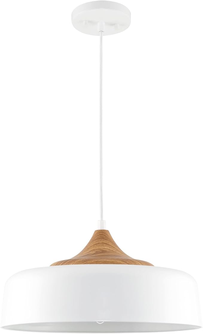Kira Home Riley 16" Retro Modern Pendant Light + White Metal Shade, Adjustable Hanging Height, Wood Finish Accent