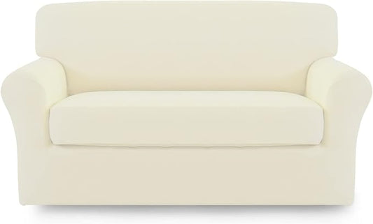 Easy-Going Stretch Sofa Slipcover, 2-Piece Sofa Cover Furniture Protector Couch Microfiber Super Soft Sturdy with Elastic Bottom Pets, Kids, Children (Loveseat, Ivory)