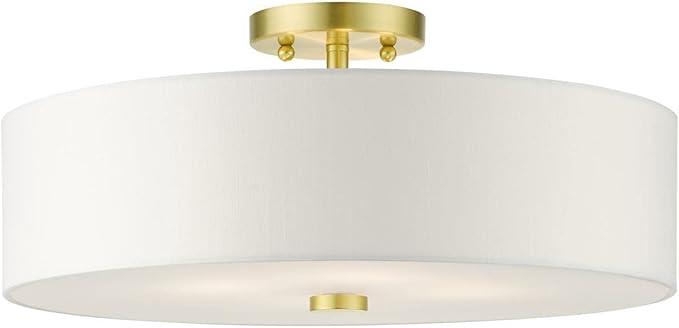 Livex Lighting 51055-12 Meridian Collection 4-Light Semi Flush Mount Ceiling Light with Off-White Hardback Fabric Shade, Satin Brass, 18 x 18 x 8.13
