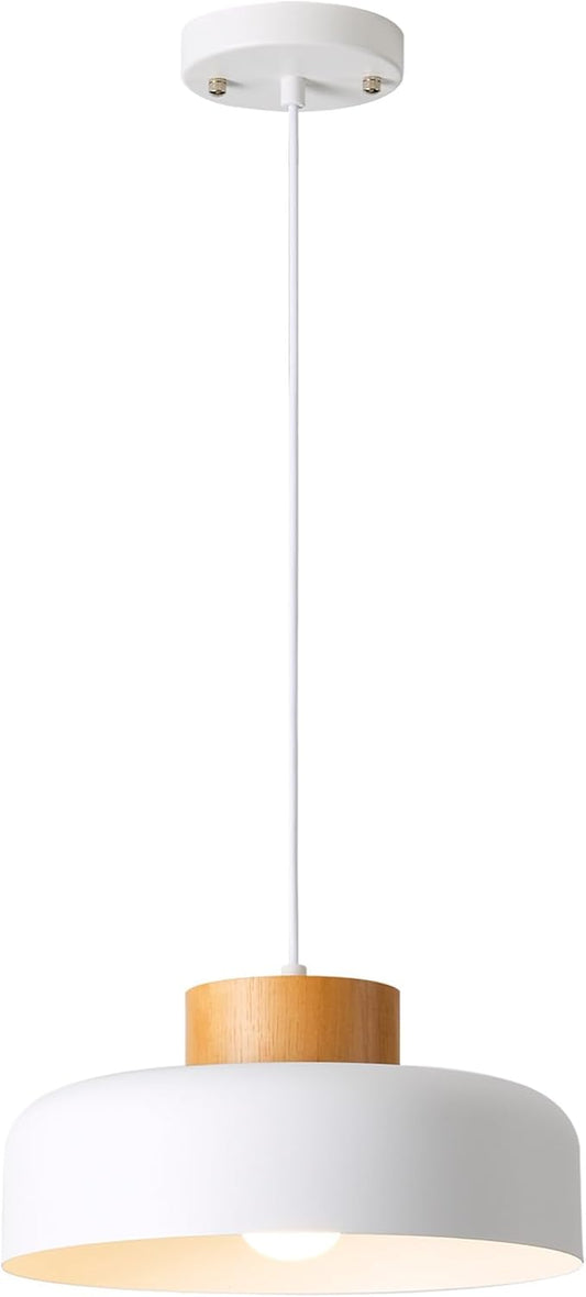 Modern Pendant Light,12.6 inch,Real Wood Cap,Small Pendant Lighting for Kitchen Island,Dining Room,Matte White