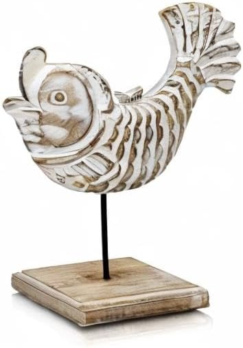 Farmhouse World Wooden Fish Home Decor | Handmade Fish Statue on Base Stand Sea Nautical Beach House Decor Art Piece | Rustic Table Decor for Office, Living Room (Koi Fish)