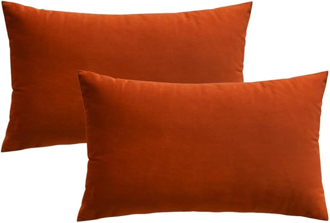 MIULEE Pack of 2 Burnt Orange Velvet Throw Pillow Covers 12x20 Inch Soft Solid Fall Decorative Set Lumbar Autumn Cushion Case Home Decor for Couch Sofa Bedroom