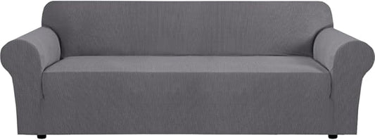 H.VERSAILTEX Stretch Couch Covers for Sofa 1 Piece Slipcovers for Couches and Sofas 3 Seater Couch Cover Feature Thick Checked Jacquard Fabric with Elastic Bottom(Large Sofa 90"-100" Wide, Grey)