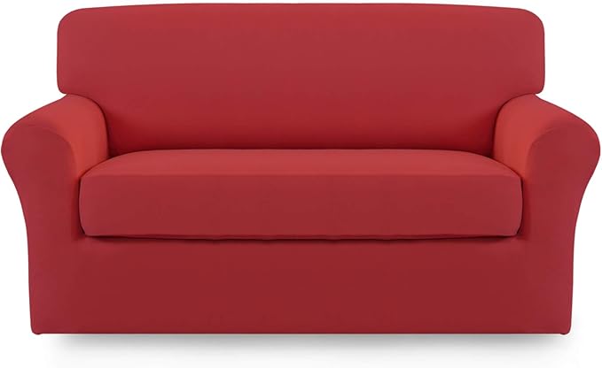 Easy-Going 2 Pieces Microfiber Stretch Sofa Slipcover – Spandex Soft Fitted Sofa Couch Cover, Washable Furniture Protector with Elastic Bottom Kids, Pet (Loveseat, Christmas Red)