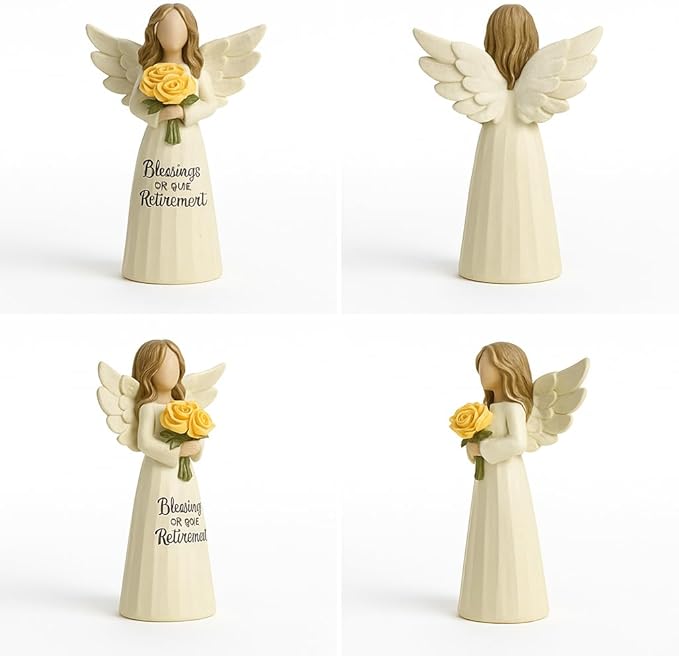 Retirement Angel Figurine, Hand-Painted Resin Keepsake with Yellow Rose – “Blessings on Your Retire ment” Figure, 5.4" Desk Mantel Décor Thoughtful Gift for Coworker Teacher Nurse Women (Retirement)