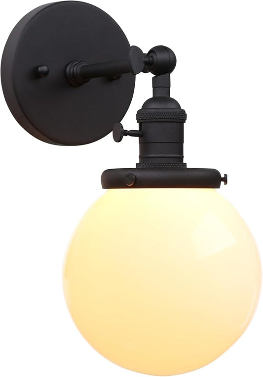 PERMO Vintage Industrial Wall Sconce Lighting Fixture with 5.9" Round Globe Milk White Glass Hand Blown Shade (Matte Black)