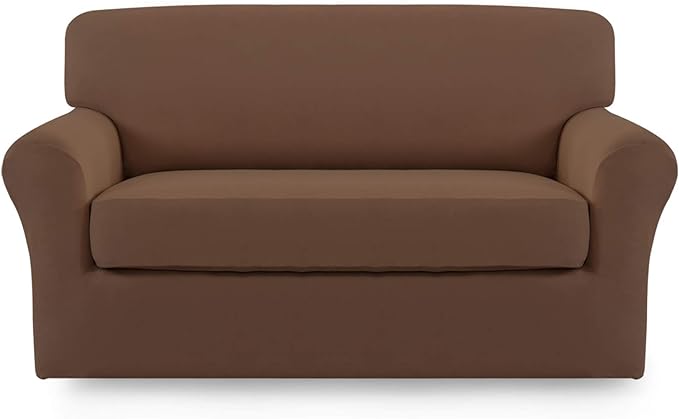 Easy-Going 2 Pieces Microfiber Stretch Sofa Slipcover – Spandex Soft Fitted Sofa Couch Cover, Washable Furniture Protector with Elastic Bottom Kids, Pet (Loveseat, Brown)