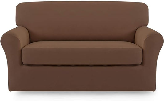 Easy-Going 2 Pieces Microfiber Stretch Sofa Slipcover – Spandex Soft Fitted Sofa Couch Cover, Washable Furniture Protector with Elastic Bottom Kids, Pet (Loveseat, Brown)