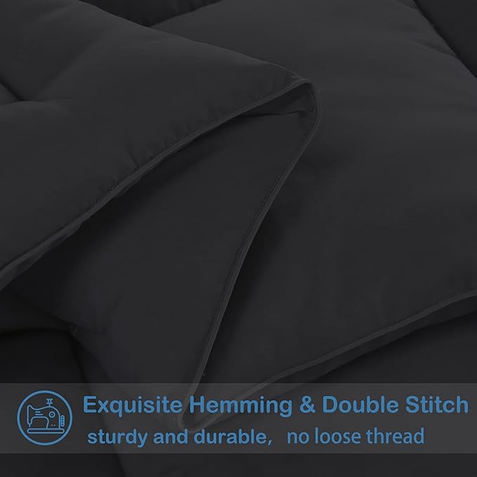 EASELAND Queen Size Down Alternative Comforter - Quilted Duvet Insert for All Seasons, Soft Lightweight with Corner Tabs, Summer Winter Warm Bedding, Black 88×88 Inches