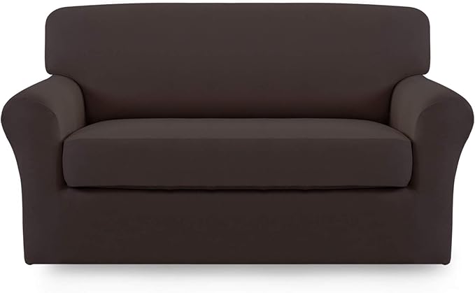 Easy-Going 2 Pieces Microfiber Stretch Sofa Slipcover – Spandex Soft Fitted Sofa Couch Cover, Washable Furniture Protector with Elastic Bottom Kids, Pet (Loveseat, Chocolate