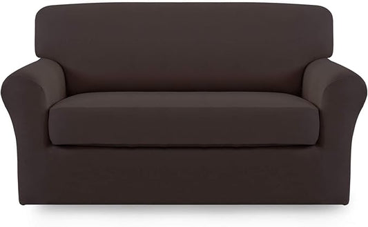 Easy-Going 2 Pieces Microfiber Stretch Sofa Slipcover – Spandex Soft Fitted Sofa Couch Cover, Washable Furniture Protector with Elastic Bottom Kids, Pet (Loveseat, Chocolate