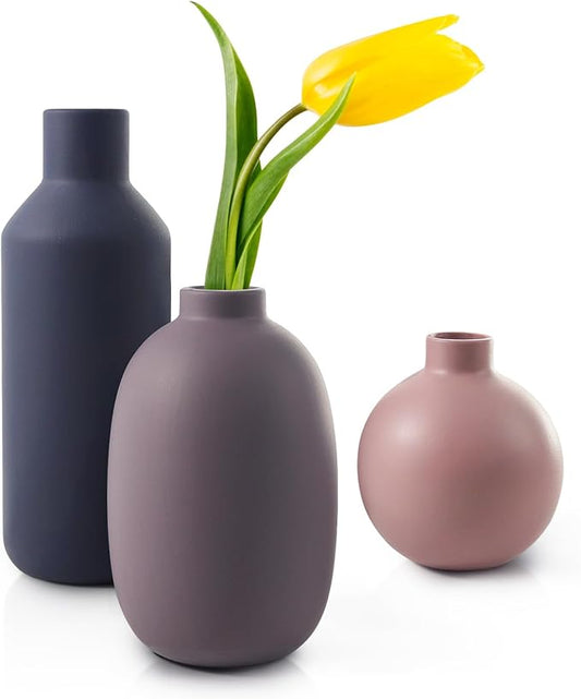 Modern Ceramic Vase Set of 3, Compact Farmhouse Terracotta Vases for Home Decor, Beautiful Flower Vase Decoration, Multicolor Combinations