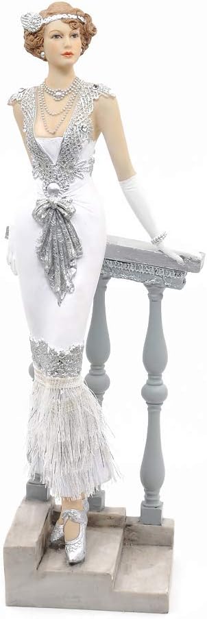 Comfy Hour Glamour Elegance Victorian Style Lady Collection Standing Lady Leaning Against Stair Handrail Collectible Figurine,13-inch Height, Silvery, Polyresin