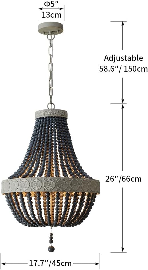 Saint Mossi Farmhouse Chandeliers, Vintage Design Wood Bead Pendant Light Fixture, D18 x H26, Adjustable 59" Chains, 4 x E12 Sockets, Rustic Black Finish Bead & Dirt Grey Finish Metal Frame