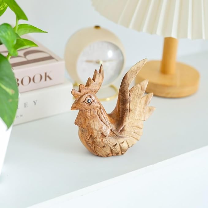 Thai Wooden Hand Carved Wooden Rooster Statue, Sculpture Art Decorative Rustic Home Decor Accent Handmade Handcrafted Decoration (Natural Color)