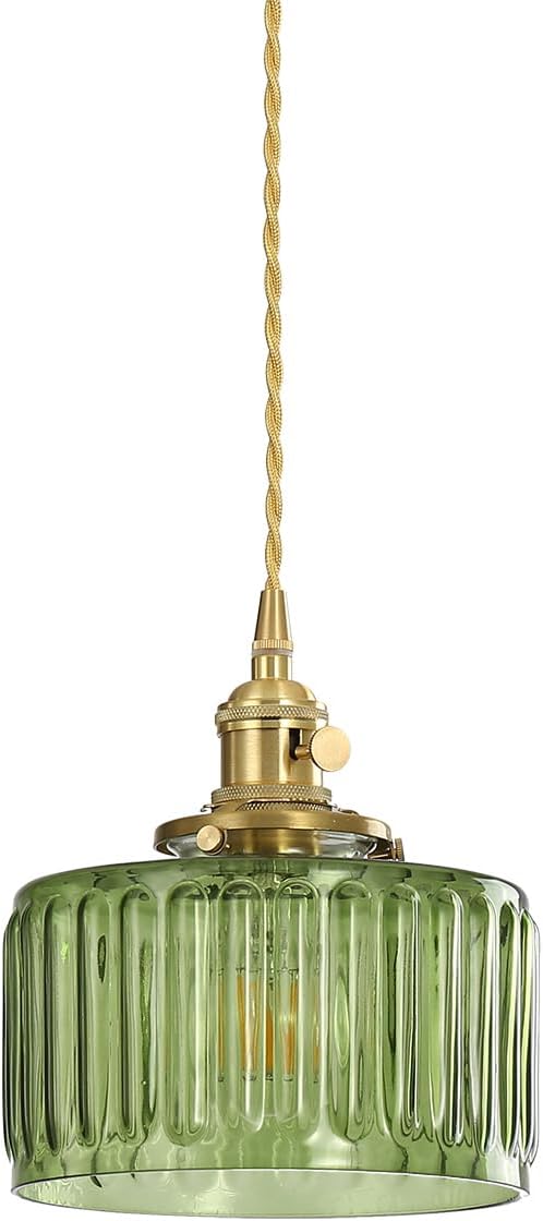 Vintage Pendant Light Fixtures, Brass Socket with ON/Off Switch and Green Glass Lamp Shade Pendant Light for Kitchen Island Farmhouse Living Room (Green,Striped)