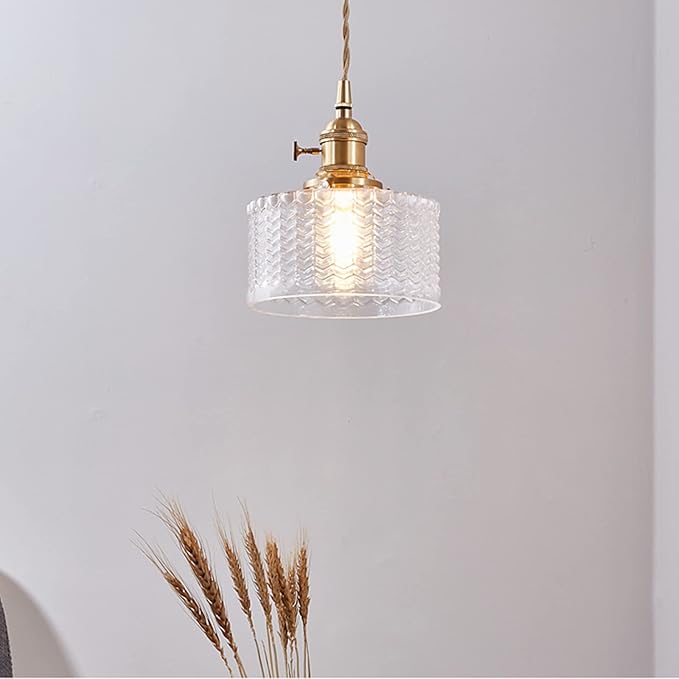 Vintage Pendant Light Fixtures, Brass Socket with ON/Off Switch and Green Glass Lamp Shade Pendant Light for Kitchen Island Farmhouse Living Room (Transparent,Scaly)