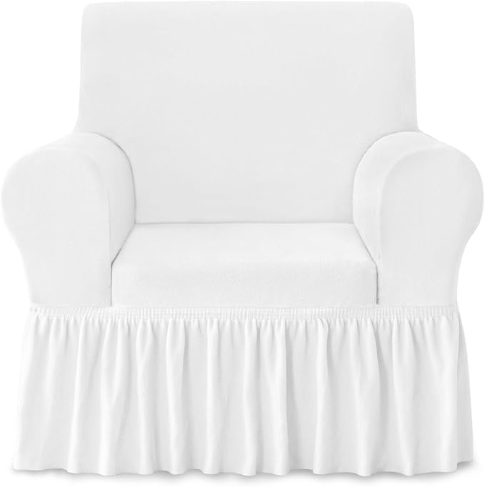 NICEEC Armchair Cover Thick Plush 1-Piece Warm White Armchair Slipcover Stretch Fluffy Couch Covers for Living Room Easy Fit Washable Soft Furniture Sofa Protector with Skirt