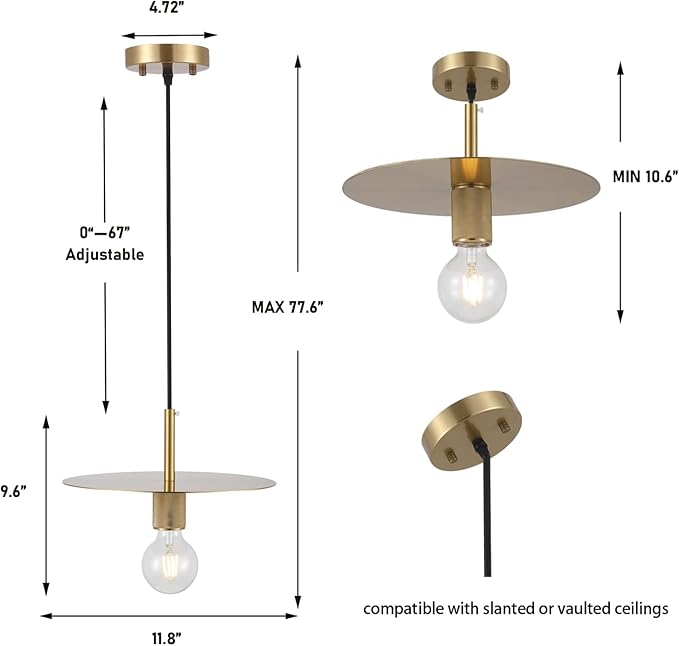 Modern Pendant Lighting Gold Farmhouse Pendant Light 11.81" Brushed Brass Dome Industrial Mid Century Knurled Texture Hanging Lamp Ceiling Light Fixture Kitchen Island Dinning Room Bedroom