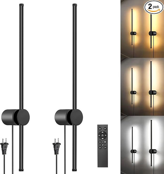 Wall Sconces Set of Two with Remote, Stepless Colors 3000K-6500K & Stepless Dimming, Hardwire or Plug-in, 180° Rotate, LED Black Plug in Wall Sconces with Timer & Night Light, 23.6 Inches