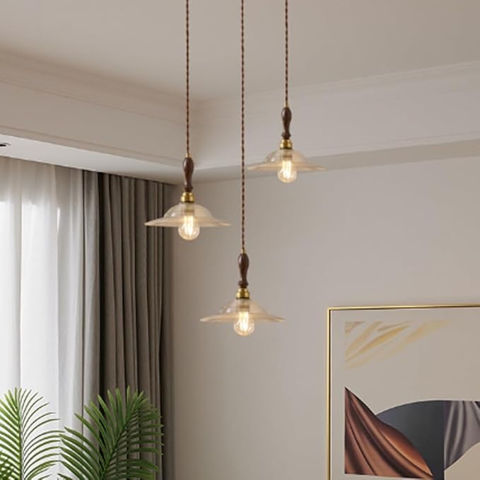 French Clear Disc Glass Hanging Lamp Vintage Wood Decorate Hanging Light 7.9in Golden Metal Base Hanging Lights with E26/E27 Base for Kitchen Home Island Bedroom