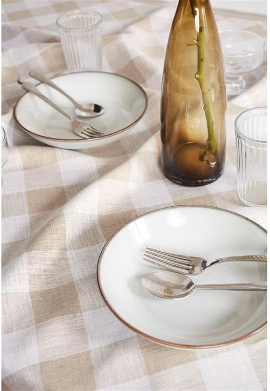 Solino Home Linen Checkered Tablecloth 60 x 120 Inch - 100% Pure Linen Natural and White Buffalo Plaid Table Cloth for Rectangle Tables - Machine Washable Tablecloth for Fall, Autumn, Thanksgiving