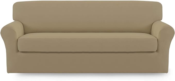 Easy-Going 2 Pieces Microfiber Stretch Sofa Slipcover – Spandex Soft Fitted Sofa Couch Cover, Washable Furniture Protector with Elastic Bottom Kids,Pet (Sofa,Tan)