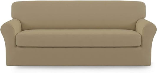 Easy-Going 2 Pieces Microfiber Stretch Sofa Slipcover – Spandex Soft Fitted Sofa Couch Cover, Washable Furniture Protector with Elastic Bottom Kids,Pet (Sofa,Tan)