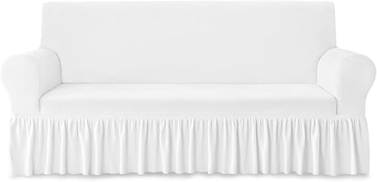 NICEEC Sofa Cover Thick Plush 1-Piece Warm White Sofa Slipcover for Sofas Stretch Fluffy Couch Covers for Living Room Easy Fit Washable Soft Furniture Sofa Protector with Skirt