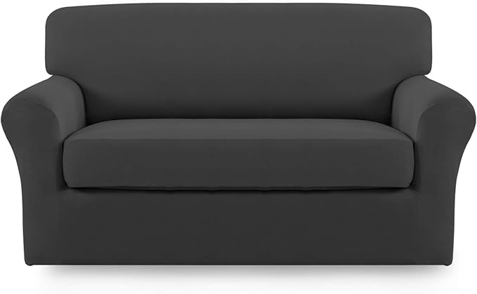Easy-Going 2 Pieces Microfiber Stretch Sofa Slipcover – Spandex Soft Fitted Sofa Couch Cover, Washable Furniture Protector with Elastic Bottom Kids, Pet (Loveseat, Dark Gray