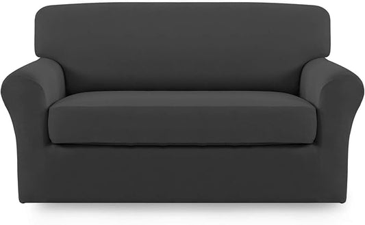 Easy-Going 2 Pieces Microfiber Stretch Sofa Slipcover – Spandex Soft Fitted Sofa Couch Cover, Washable Furniture Protector with Elastic Bottom Kids, Pet (Loveseat, Dark Gray