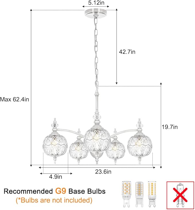 Vintage Brushed Nickel Chandelier - Adjustable Height Dining Room Light Fixture with Handcrafted Blown Glass - 5-Light E26 Base, Ideal for Kitchen, Entryway, Enhances Luxury Home Decor for Discerning