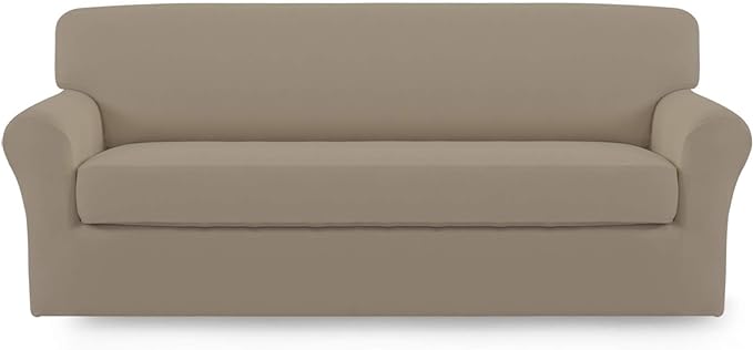 Easy-Going 2 Pieces Microfiber Stretch Sofa Slipcover – Spandex Soft Fitted Sofa Couch Cover, Washable Furniture Protector with Elastic Bottom Kids,Pet (Oversized Sofa, Natural)
