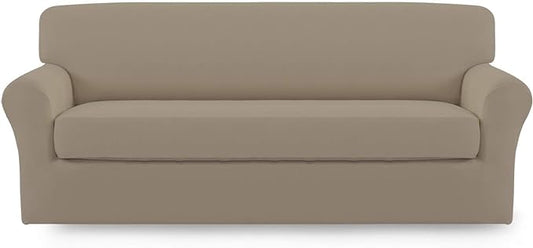 Easy-Going 2 Pieces Microfiber Stretch Sofa Slipcover – Spandex Soft Fitted Sofa Couch Cover, Washable Furniture Protector with Elastic Bottom Kids,Pet (Oversized Sofa, Natural)