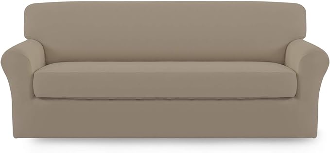 Easy-Going 2 Pieces Microfiber Stretch Sofa Slipcover – Spandex Soft Fitted Sofa Couch Cover, Washable Furniture Protector with Elastic Bottom Kids,Pet (Sofa, Natural)