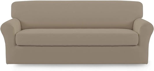 Easy-Going 2 Pieces Microfiber Stretch Sofa Slipcover – Spandex Soft Fitted Sofa Couch Cover, Washable Furniture Protector with Elastic Bottom Kids,Pet (Sofa, Natural)