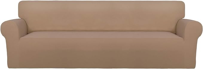 PureFit Super Stretch 4 Seater Sofa Slipcover – Spandex Non Slip Soft Couch Sofa Cover, Washable Furniture Protector with Non Skid Foam and Elastic Bottom for Kids, Pets （XX Large, Camel）
