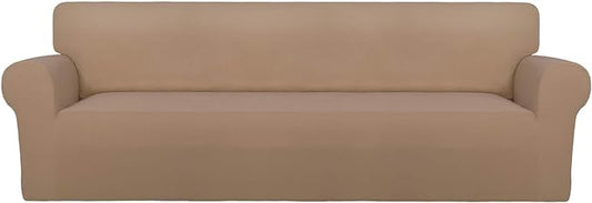 PureFit Super Stretch 4 Seater Sofa Slipcover – Spandex Non Slip Soft Couch Sofa Cover, Washable Furniture Protector with Non Skid Foam and Elastic Bottom for Kids, Pets （XX Large, Camel）